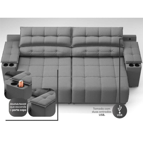 Sofá com Porta Copos Carregador USB Ret Rec Samurai 2,50m Velosuede Grafite - NETSOFAS Grafite