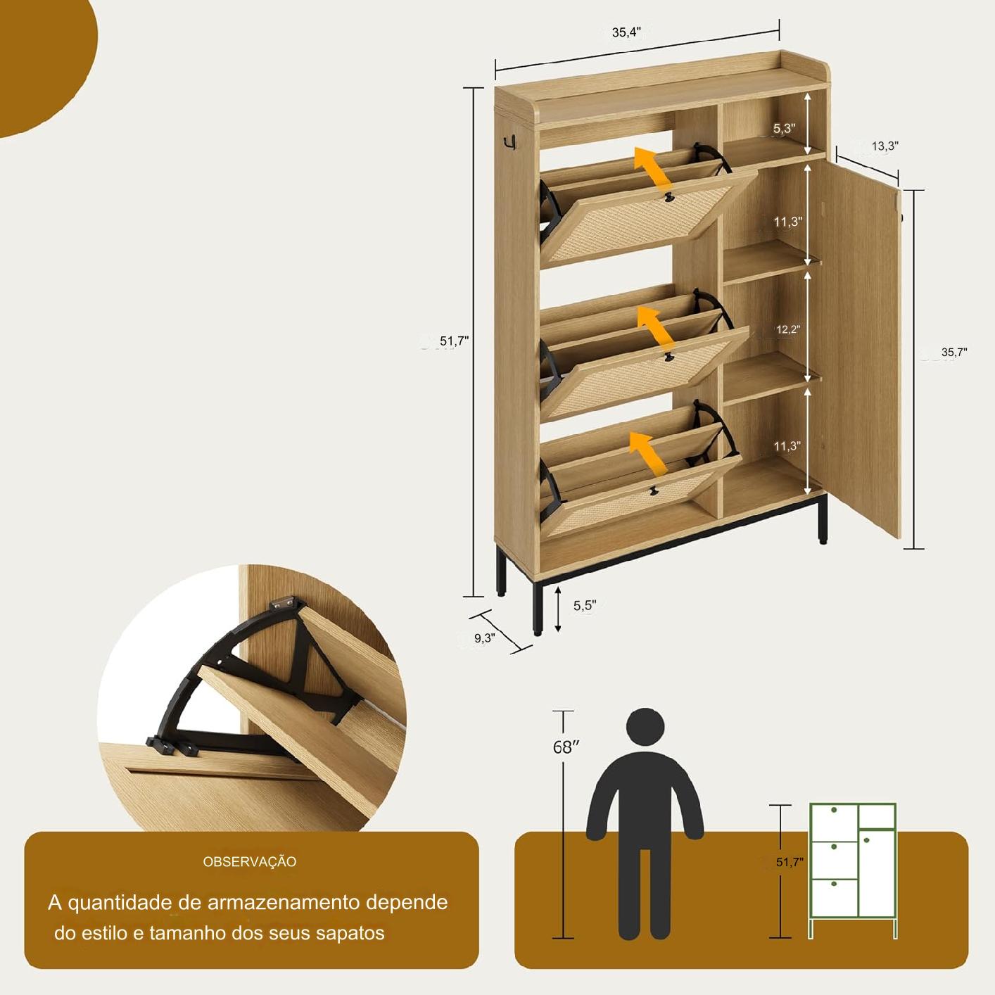 Armário de Armazenamento de Sapatos de Vime com 3 gavetas Basculantes + 1 Ano de Garantia
