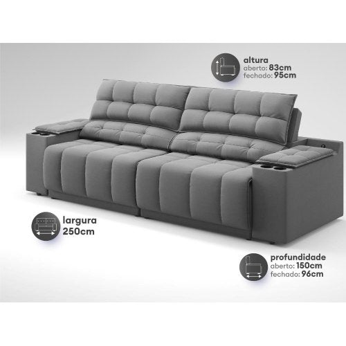 Sofá com Porta Copos Carregador USB Ret Rec Samurai 2,50m Velosuede Grafite - NETSOFAS Grafite