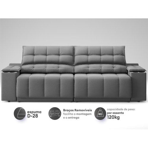 Sofá com Porta Copos Carregador USB Ret Rec Samurai 2,50m Velosuede Grafite - NETSOFAS Grafite