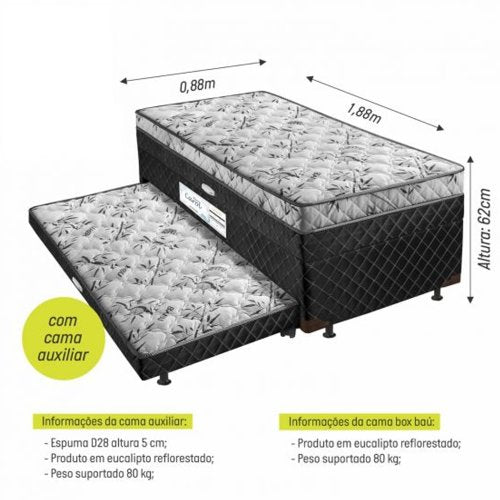 Cama Box Solteiro Baú Conjugado Ortopédico Carol Cama Auxiliar Somopar Preto Light